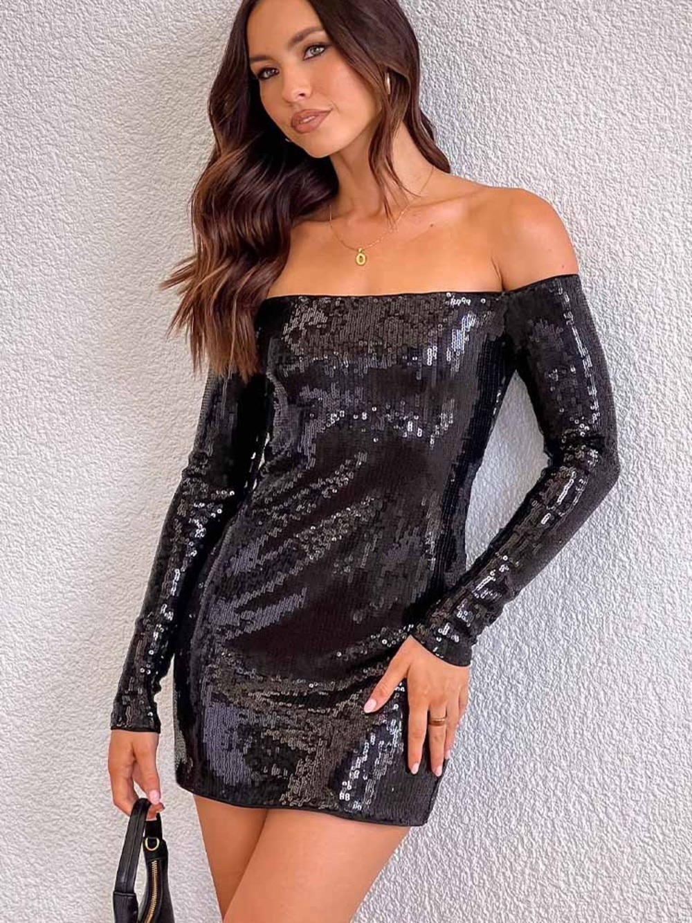 Olivaceous sequin off the shoulder mini dress